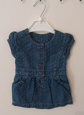 M&S Denim Mix Dress Baby Girls 0-3 Months Blue/Pink Polka Dot Short Sleeve