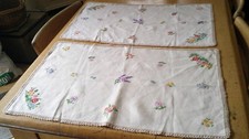 UNUSED PAIR OF  VINTAGE HAND EMBROIDERED  IRISH LINEN  TRAY CLOTHS/ TABLE TOPPER