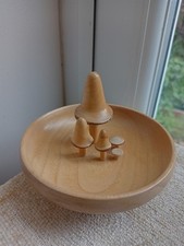 Wooden Toadstool Mushroom Sculpture Hand Carved Mushrooms In A Bowl 9.5cm H