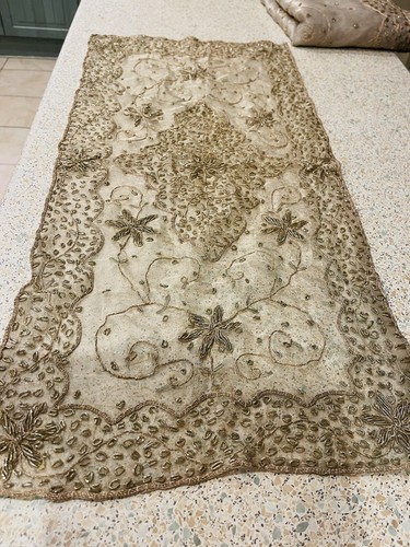 Hand beaded sheer gold table - sheer,