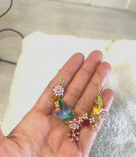 Les Nereides Bird Peacock faceted glass Flower Enamel 14K Gold Plated Necklace