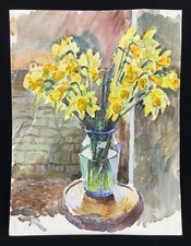 20th Century British School Still Life Watercolour Painting Of Daffodils In Vase