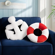 3D Anchor & Lifebuoy Nautical Throw Pillows, 19.6"& 15.7" Set of 2, Coastal D...