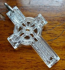 vintage unusual clear glass 2.3" Celtic cross pendant for necklace -673