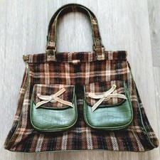 Gap Jeans Hand Bag Plaid Brown Green Faux Leather Pockets Hinged Opening Vintage