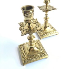 Ornate Pair Brass Candlesticks Antique Candle Holders Gothic Revival Wedding