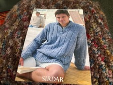 Sirdar 8420 Knitting Pattern Man’s Denim Sports Aran Sweaters 38-48”