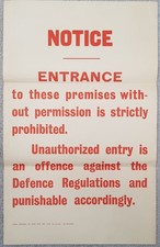 Original WW2 DEFNCE REGULATIONS ENTRANCE PROHIBITED Poster/Notice Dec 1939 UK