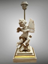 Vintage Cherub Putti Lamp Playing Harp Table Lamp
