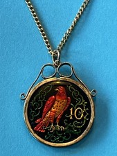 Isle Of Man 1980 Falcon Enamelled Coin Necklace Pendant in Silver Mount Boxed