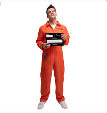 Orange Convict Prison Jumpsuit Men's Fancy Dress Costume Free Handcuffs ID Board