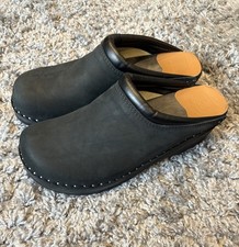 New Men’s Troentorps Swedish Wooden Clogs Black Oiled Leather EU 45
