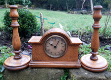 Vintage Oak clock and candlesticks for Rustic Cottage Mantel Piece