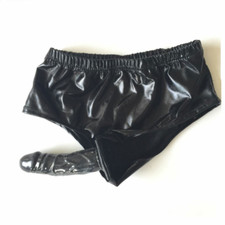 Sexy Women Patent Leather Underwear Brief Panties Knickers with Fixture 9CM Plug
