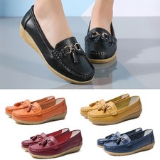 Ladies Leather Loafer Shoe Womens Memory Foam Slip On Work Wide Fit Shoes