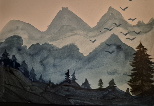 Watercolour landscape snowy - of,