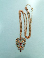 Vintage 9ct Rose Gold Belle Epoque Pendant with Garnets 18" Chain Necklace 6.3g