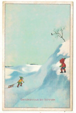 Vintage Artist Drawn Postcard Rendezvous in the Snow Children with Toboggan