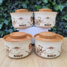Vintage Pottery Soup Bowls Ashdale x4 With Lids Robin Stoneware Made In England