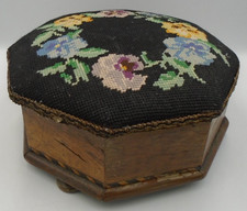 VINTAGE SMALL TAPESTRY FOOT STOOL SEWING BOX PROJECT NEEDS SOME WORK *READ*