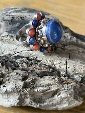 Vintage Sterling Silver Lapis Lazuli And Coral Navajo Ring Size Q