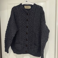 Aran Sweater Market Dark Blue Merino Wool Cardigan Size Large made in Ireland 