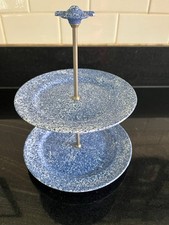 Vintage Two Tier Cake Stand In Speckled Blue & White, Plastic Plates, Metal Rod