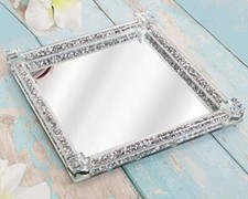 EagleWiz Square Crushed Crystal Diamante Decorative Large Mirror Silver Tray 