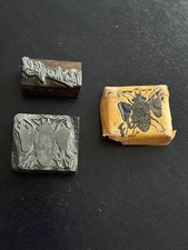Set Of 2 Antique Metal On Wood Printing Stamps / Blocks & Original Proof Print