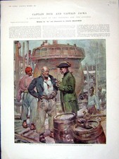 Original Old Antique Print 1898 Captian Dick Jacka Job Frigates Luggers Colour