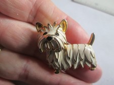 Vintage White Enamel Yorkshire Terrier Dog Animal Brooch Pin Gold Plated