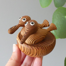 Vintage Japanese Cryptomeria Ornament Hand Carved Cedar Wood Kitsch Birds