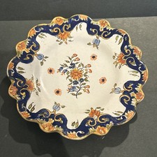 Antique Vintage French Faience Blue Orange Floral Plate Signed Scalloped Edge