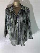Womens BHS Plus Size Uk 18 Black/green Stripe 3/4 Sleeve Crinkle Sheer Blouse