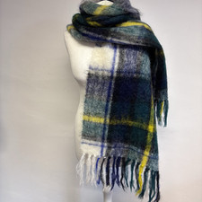 Vintage St Michael Mohair Wool Scarf Blue Green Check Oversized Marks & Spencer