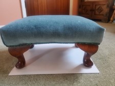 Small Padded Footstool With Wooden Cabriole Legs And Dusky Blue Velvet Fabric