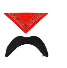 Men Red Cowboy Fancy Dress Wild West Bandana Scarf Neck Tie With Tash Cow Boy 