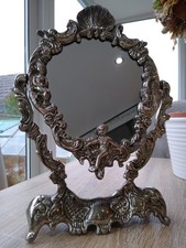 Vtg Rococo Style Silver Gilt Dressing Table Mirror Swivel Cherub Free Standing