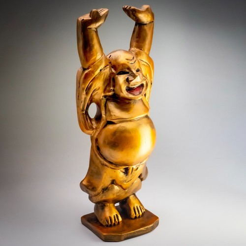 Carved wooden laughing buddha - carved,