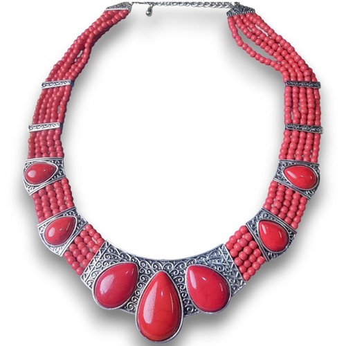 Boho red bead multi strand - multi-strand, bib