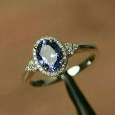 Lab Created 2.30Ct Oval Sapphire Halo Engagement Ring 14k White Gold Over Size M