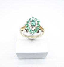 9ct Gold Ring Emerald & Diamond Cluster Yellow & White Gold size O Gift Box