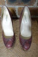 L K BENNETT CLARET/BLACK SNAKE SKIN EFFECT LEATHER HIGH COURT SHOES SIZE 6 VGC