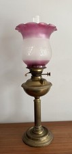 Antique Hinks Oil Lamp Brass Corinthian Column Cranberry Shade & Chimney 65.5cm