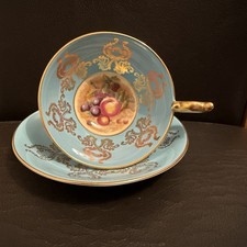 Aynsley Tea Cup & Saucer Orchard Gold Turquoise Gilt 2832 Vintage Signed D Jones