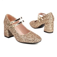 Ladies Bling Mary Janes Shoes Mid Heels Strappy Evening Party Pumps UK Size S240