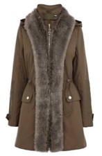 Womens khaki faux fur trimmed waxed coat by Karen Millen, size 10, good cond