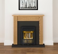 ELECTRIC FIRE OAK FIREPLACE SURROUND BLACK HEARTH BLACK LED PEBBLES BNIB