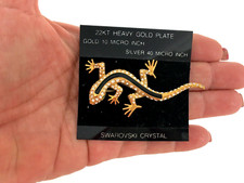 Vintage NEW Signed 22KT Heavy Gold Plate Crystal Lizard Brooch-Black Enamel