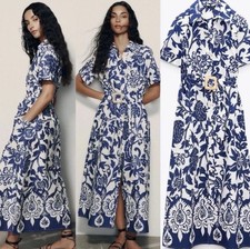 BNWT Blogger Fav ZARA SMOCKED POPLIN TIERED MIDI MAXI BLUE DRESS Summer Floral L